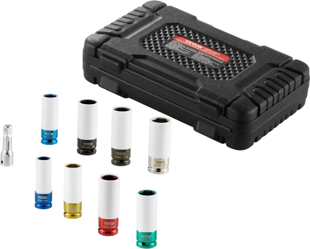 VEVOR Lug Nut Impact Socket Set, 1/2 inch Drive Metric and SAE 6-Point Deep Socket Set, 8 Total Lug Nut Sizes, CR-MO Steel Wheel Socket Set with Storage Case and Extension Bar, for Auto Repair