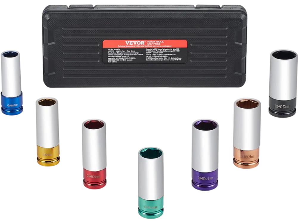 VEVOR Lug Nut Impact Socket Set, 1/2 inch Drive Metric 6-Point Deep Socket Set, 7 Total Lug Nut Sizes 17/19/21/22/23/24/27mm, CR-MO Steel Wheel Socket Set with Storage Case, for Auto Repair