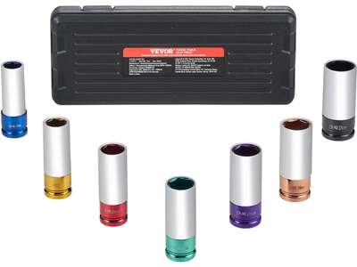 VEVOR Lug Nut Impact Socket Set, 1/2 inch Drive Metric 6-Point Deep Socket Set, 7 Total Lug Nut Sizes 17/19/21/22/23/24/27mm, CR-MO Steel Wheel Socket Set with Storage Case, for Auto Repair