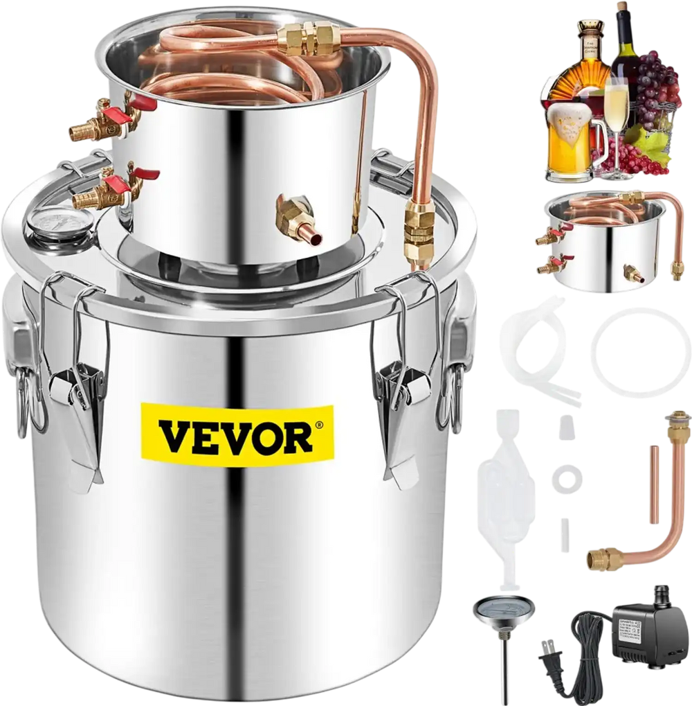 VEVOR Alcohol Still 13.2Gal/50L, Alcohol Distiller with Circulating Pump, Alcohol Still Copper Tube, Whiskey Distilling Kit with Build-In Thermometer, Whiskey Making Kit for DIY Alcohol, Stainless Ste