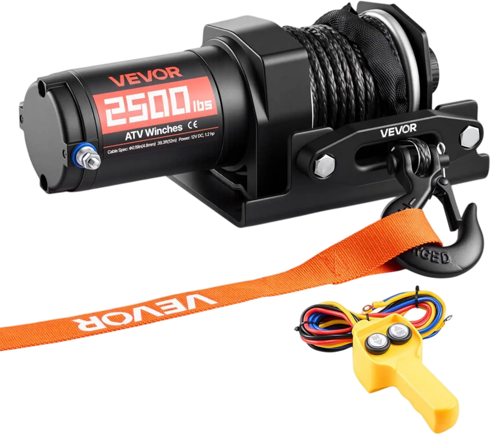 VEVOR 2500 lbs Electric Winch, 12V DC ATV/UTV Winch with Φ0.19 in x 39.4 ft Synthetic Rope & Wired Remote Control, IP55 Waterproof, Aluminum Housing Fairlead Mount Plate for Towing ATV, Black