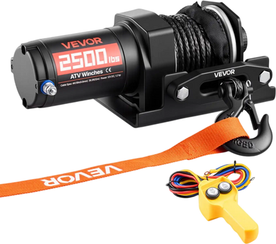 VEVOR 2500 lbs Electric Winch, 12V DC ATV/UTV Winch with Φ0.19 in x 39.4 ft Synthetic Rope & Wired Remote Control, IP55 Waterproof, Aluminum Housing Fairlead Mount Plate for Towing ATV, Black