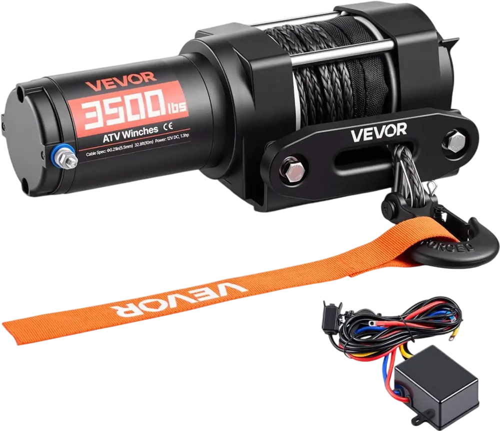 VEVOR 3500 lbs Electric Winch, 12V DC ATV/UTV Winch with Φ0.21 in x 32.8 ft Synthetic Rope & Wired Remote Control, IP55 Waterproof, Aluminum Housing Fairlead Mount Plate for Towing ATV, Black