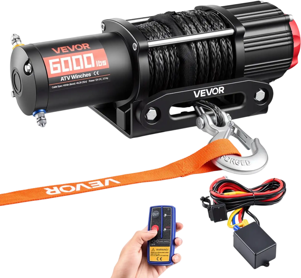 VEVOR 6000 lbs Electric Winch, 12V DC ATV/UTV Winch with Φ0.24 in x 49.2 ft Synthetic Rope, Wireless & Wired Remote Control, IP55 Waterproof, with Fairlead Mount Plate for Towing ATV UTV Off-Road