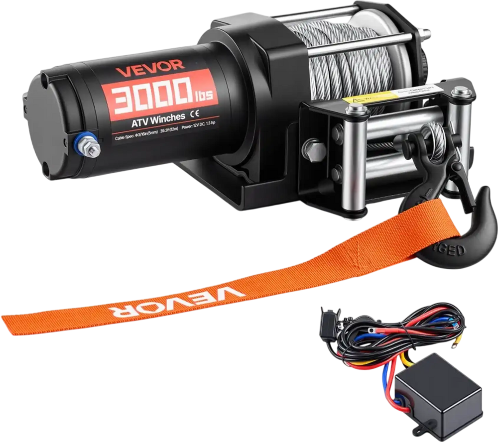 VEVOR 3000 lbs Electric Winch, 12V DC ATV/UTV Winch with Φ3/16 in x 39.4 ft Steel Wire Rope & Wired Remote Control, IP55 Waterproof, Aluminum Housing Fairlead Mount Plate for Towing ATV, Black