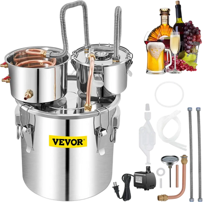 VEVOR Alcohol Still, 13.2Gal / 50L Stainless Steel Water Alcohol Distiller Copper Tube Home Brewing Kit Build-in Thermometer for DIY Whisky Wine Brandy, Silver