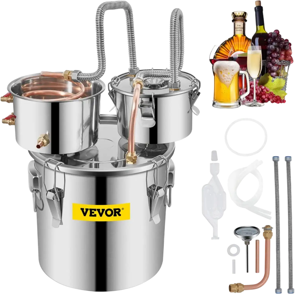 VEVOR Moonshine Still Distiller 3Gal 12L Stainless Steel Water Distiller Copper Tube with Circulating Pump Home Brewing Kit Build-in Thermometer for DIY Whisky Wine Brandy Spirits