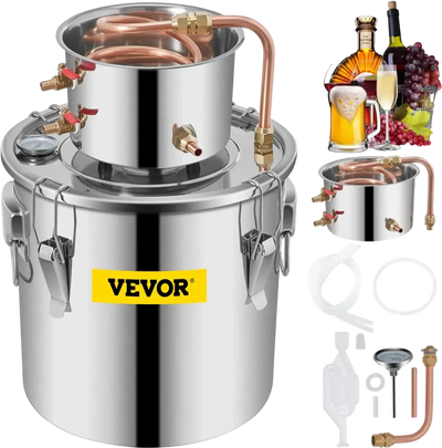 VEVOR Alcohol Still 3Gal/12L Stainless Steel Alcohol Distiller Copper Tube Home Brewing Kit Build-in Thermometer for DIY Whisky Wine Brandy, Silver