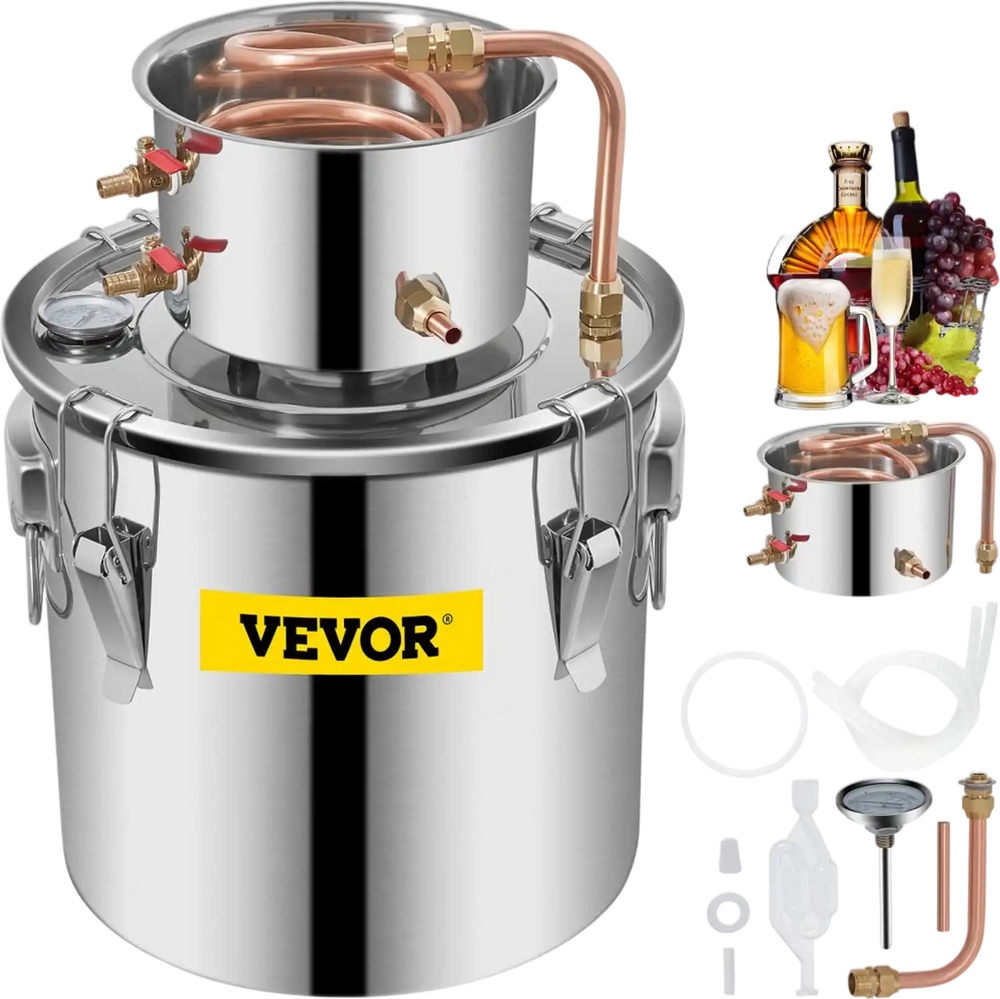 VEVOR Alcohol Still 5Gal/21L, Alcohol Distiller with Circulating Pump, Alcohol Still Copper Tube, Whiskey Distilling Kit with Build-In Thermometer, Whiskey Making Kit for DIY Alcohol, Stainless Steel