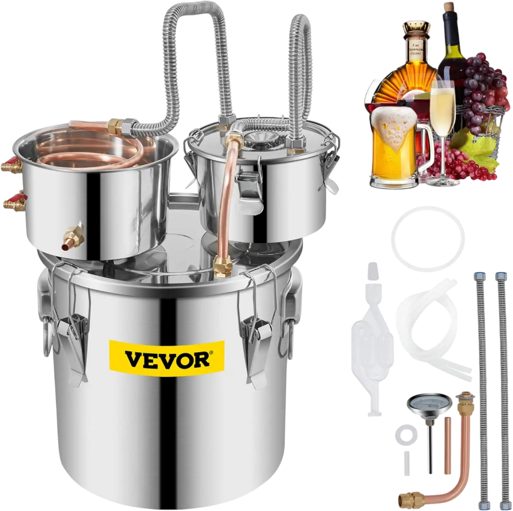 VEVOR Alcohol Still, 5 Gallon, Stainless Steel Alcohol Distiller with Copper Tube & Build-in Thermometer & Water Pump, Double Thumper Keg Home Brewing Kit, for DIY Whiskey Wine Brandy