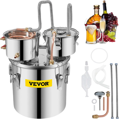 VEVOR Alcohol Still, 5 Gallon, Stainless Steel Alcohol Distiller with Copper Tube & Build-in Thermometer & Water Pump, Double Thumper Keg Home Brewing Kit, for DIY Whiskey Wine Brandy