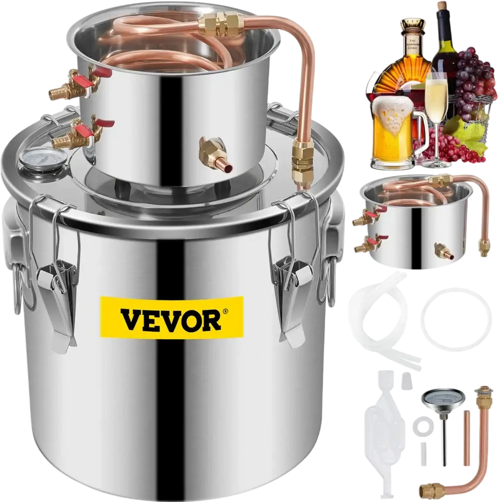 VEVOR Moonshine Still Distiller 5Gal 21L Stainless Steel Water Distiller Copper Tube Home Brewing Kit Build-in Thermometer for DIY Whisky Wine Brandy Sliver