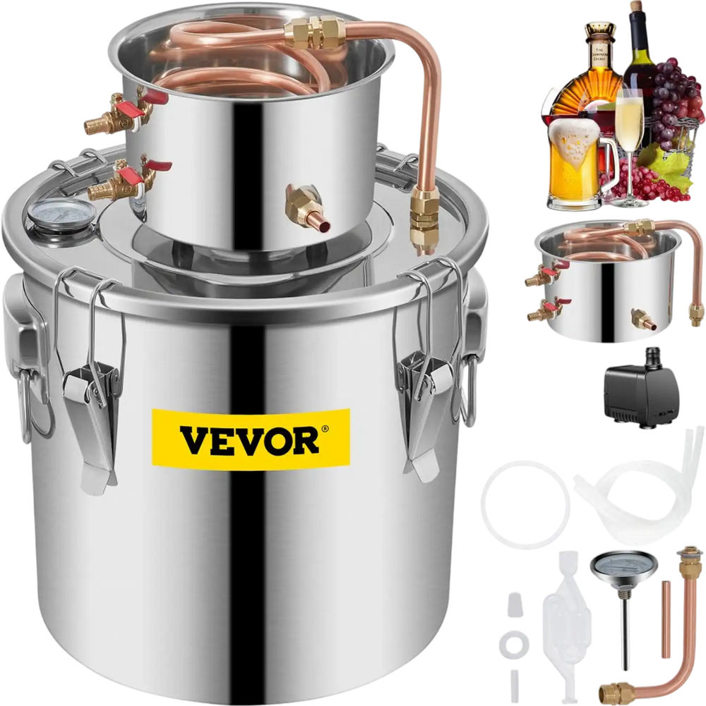 VEVOR Alcohol Still 9.6Gal/38L, Alcohol Distiller with Circulating Pump, Alcohol Still Copper Tube, Whiskey Distilling Kit with Build-In Thermometer, Whiskey Making Kit for DIY Alcohol, Stainless Stee