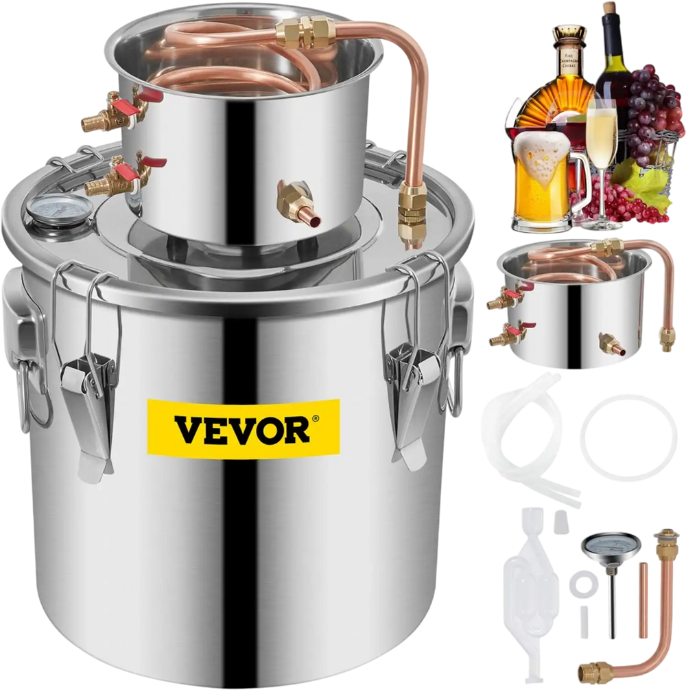 VEVOR Moonshine Still 9.6Gal 38L Stainless Steel Water Alcohol Distiller Copper Tube Home Brewing Kit Build-in Thermometer for DIY Whisky Wine Brandy, Sliver