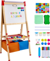 VEVOR Art Easel for Kids, 3-in-1 Wooden Double-Sided Kid's Art Easel with Magnetic Whiteboard, Chalkboard, Paper Roll, Adjustable Standing Drawing Board with Painting Accessories, Storage for Boy Girl