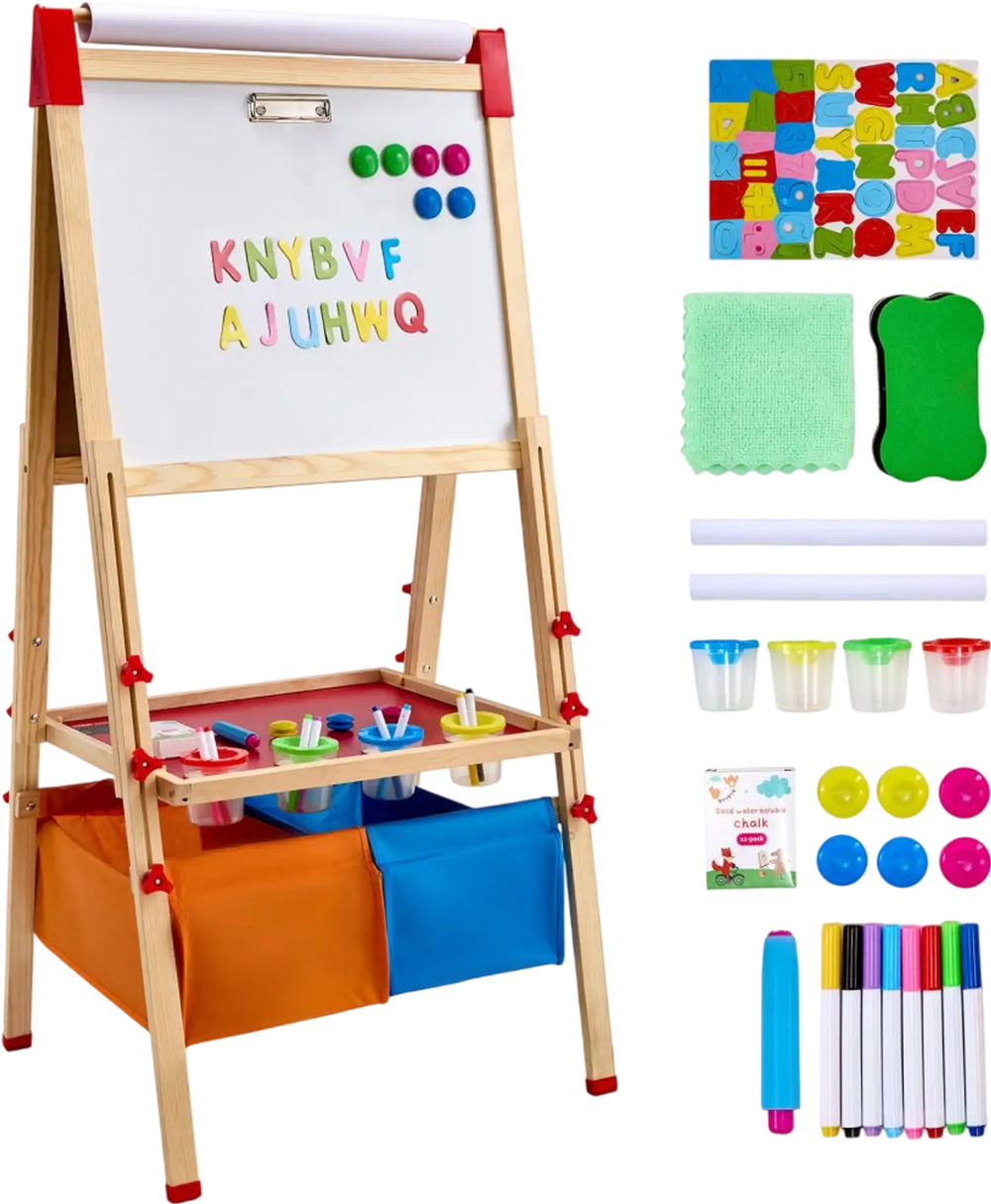 VEVOR Art Easel for Kids, 3-in-1 Wooden Double-Sided Kid's Art Easel with Magnetic Whiteboard, Chalkboard, Paper Roll, Adjustable Standing Drawing Board with Painting Accessories, Storage for Boy Girl