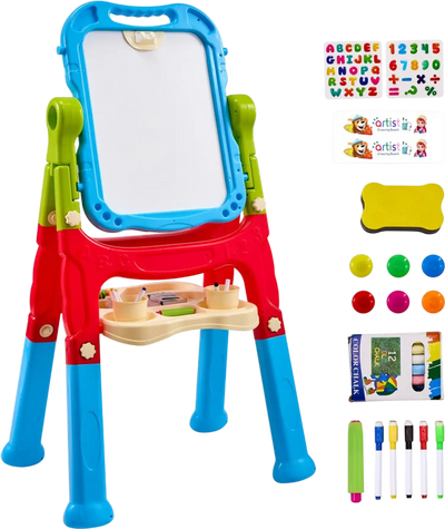 VEVOR Art Easel for Kids, 2-in-1 Double-Sided Kid's Art Easel with Magnetic Whiteboard & Chalkboard, Adjustable Standing Rotatable Removable Drawing Board with Painting Accessories for Boys and Girls