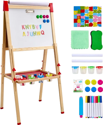 VEVOR Art Easel for Kids, 3-in-1 Wooden Double-Sided Kid's Art Easel with Magnetic Whiteboard, Chalkboard & Paper Roll, Adjustable Standing Drawing Board with Painting Accessories for Boys and Girls