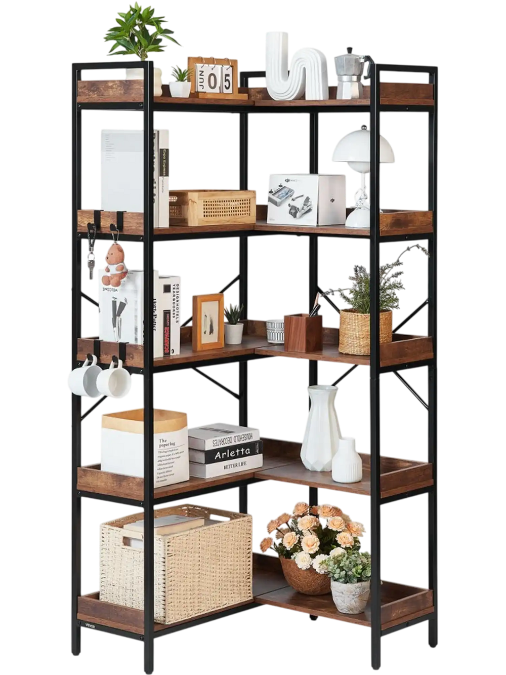 VEVOR 5 Tier Corner Bookshelf with 4 Hooks, 65.4" Tall Corner Bookcase with Heavy Duty Metal Frame & Wooden Shelves, Industrial L Shaped Corner Display Shelf for Bedroom, Living Room, Office