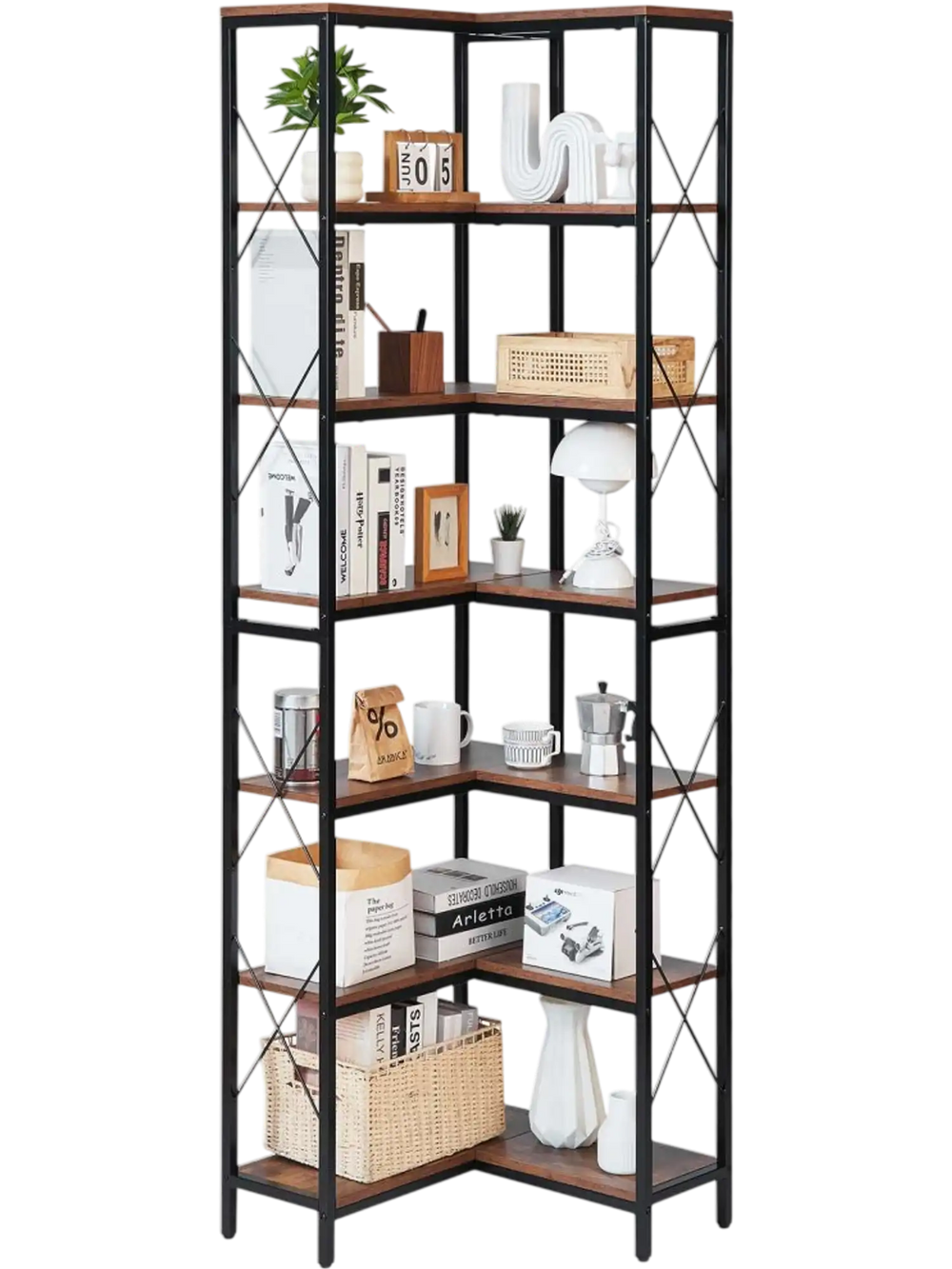 VEVOR 7 Tier Corner Bookshelf, 79" Tall Corner Bookcase with Heavy Duty Metal Frame & Wooden Shelves, Industrial Reversible L Shaped Corner Display Shelf for Bedroom, Living Room, Office