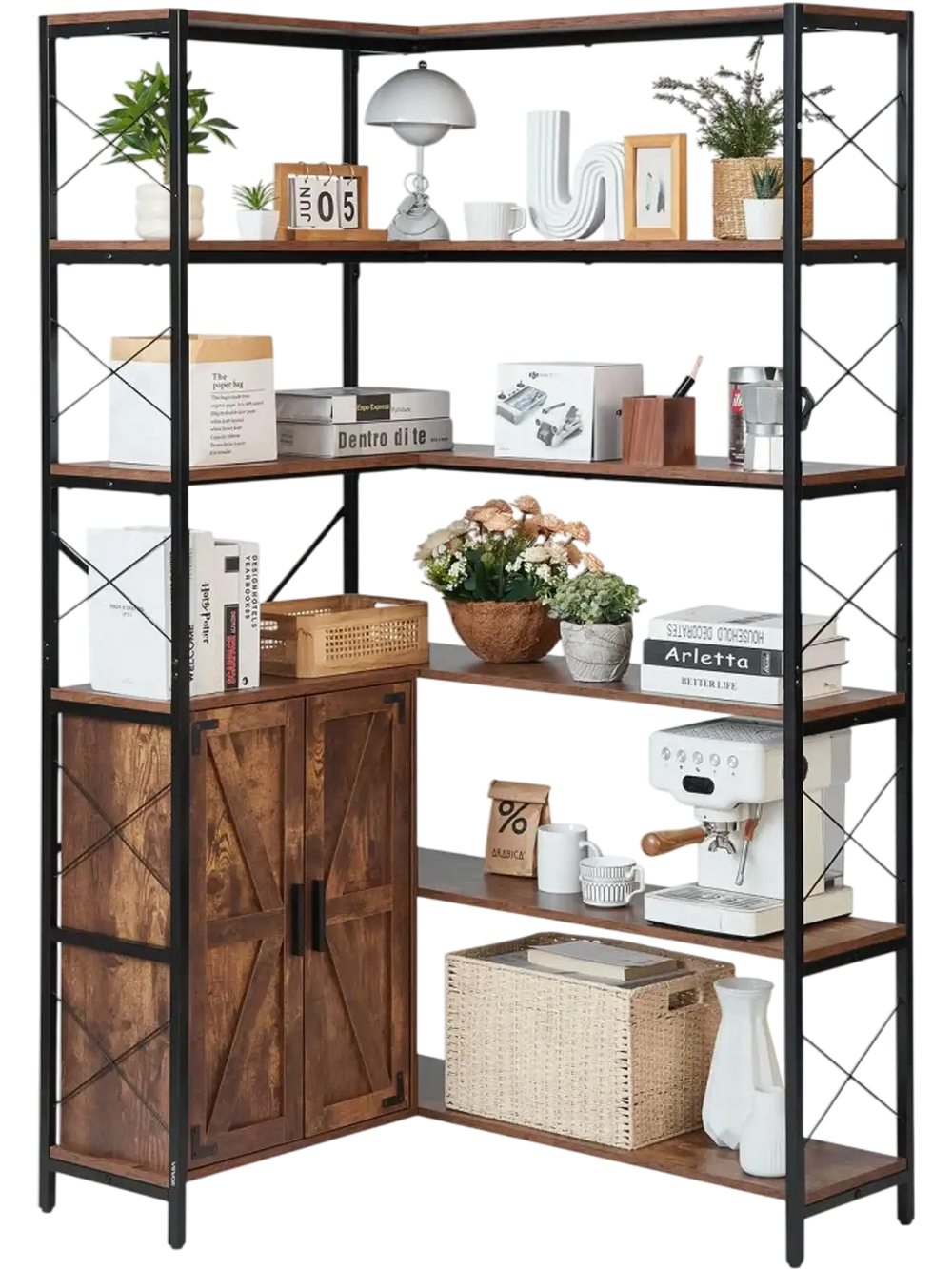 VEVOR 6 Tier Corner Bookshelf, 70" Tall Corner Bookcase with Storage Cabinet, 2 Barn Doors & 10 Storage Shelves, Farmhouse L Shaped Corner Display Shelf for Bedroom, Living Room, Office
