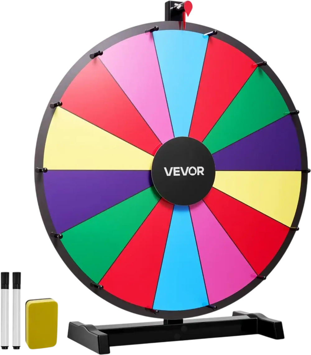 VEVOR 24 in Spinning Prize Wheel, 14 Slots Spinning Wheel with Stand, Tabletop Win Fortune Roulette with a Dry Erase and 2 Markers, 6 Colors, Easy Assembly, for Party Pub Trade Show Carnival Events