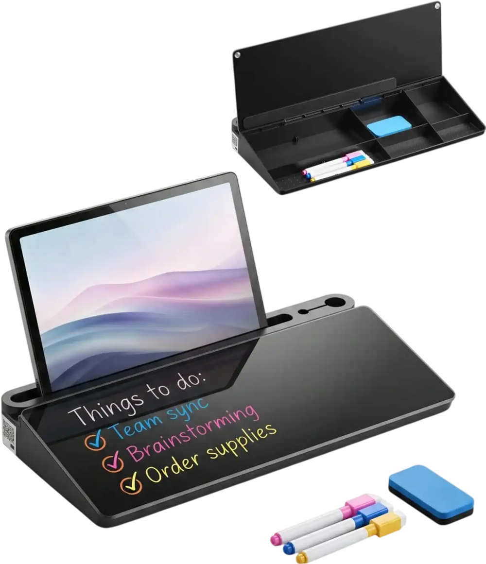VEVOR Desktop Glass Dry Erase Board 15.8 x 7.1 x 1.9 in Desk Whiteboard, Compartment Storage, Non-Slip Bottom, Ergonomic Angled Design, Desktop Organizer for Office, Home, School Supplies, Black