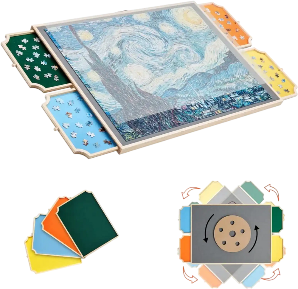 VEVOR 1500 Piece Rotating Puzzle Board with 4 Colorful Felt Drawers and Cover, 34x25 in Portable Wooden Table, Adjustable 2-Tilting-Angle Jigsaw Puzzle Accessories for Adults, Birthday Gift for Mom