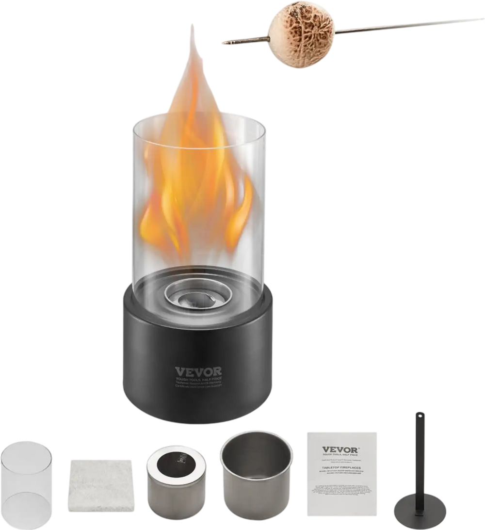 VEVOR Tabletop Fire Pit, 6 inch Metal Tabletop Fireplace Indoor Outdoor Decor, Portable Rubbing Alcohol Burner Smores Maker with Glass, for Patio Balcony with Extinguisher Cover,2.03lbs