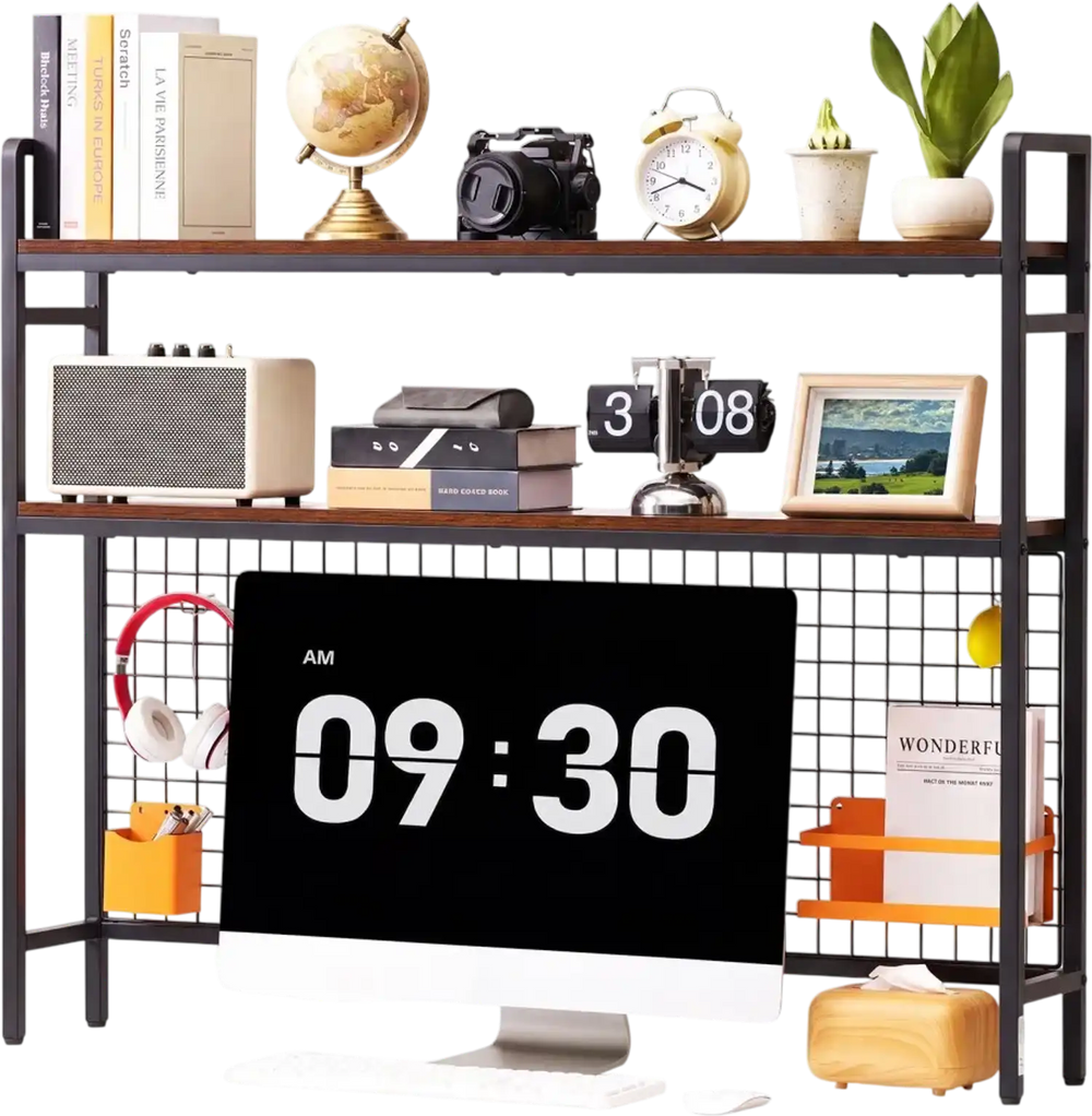 VEVOR Desktop Bookshelf 3-Tier Countertop Storage Hutch with Grid Black, for Computer Desk, Metal Frame and Wooden Shelf, with Non-Slip Feet Pads, Desk Hutch Storage Organizer for Dorm, Home, Office