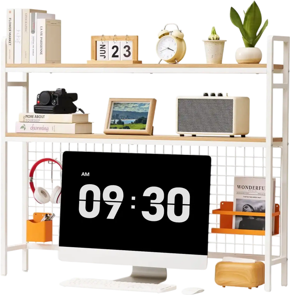 VEVOR Desktop Bookshelf 3-Tier Countertop Storage Hutch with Grid White, for Computer Desk, Metal Frame and Wooden Shelf, with Non-Slip Feet Pads, Desk Hutch Storage Organizer for Dorm, Home, Office