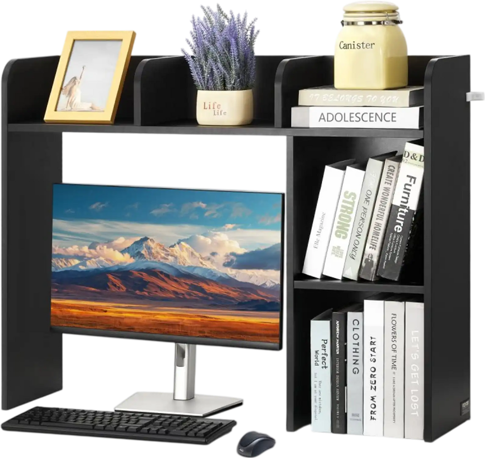 VEVOR Desktop Bookshelf, 2-Tier Desktop Storage Organizer, 37.2" x 9.5" x 28.9" Office Storage Rack Wood Display Shelf, Desktop Bookshelf Hutch with Anti-Slip Feet Pads, for Office, Home & Dorm, Black