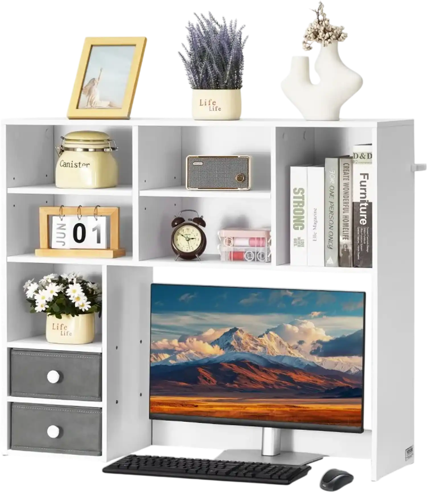 Vevor Bookshelf 3-Tier Desktop Storage Organizer with Two Fabric Drawers White New