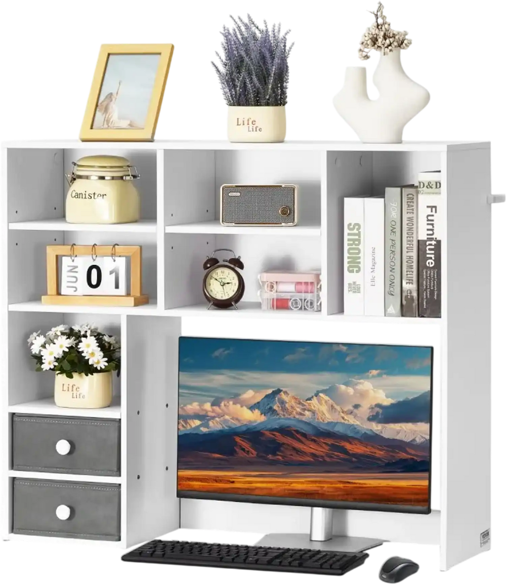 VEVOR Desktop Bookshelf, 3-Tier Desktop Storage Organizer, 37" x 10" x 31.1" Office Storage Rack Wood Display Shelf, Desktop Bookshelf Hutch with Two Fabric Drawers, for Office, Home & Dorm, White