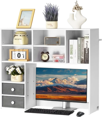 Vevor Bookshelf 3-Tier Desktop Storage Organizer with Two Fabric Drawers White New