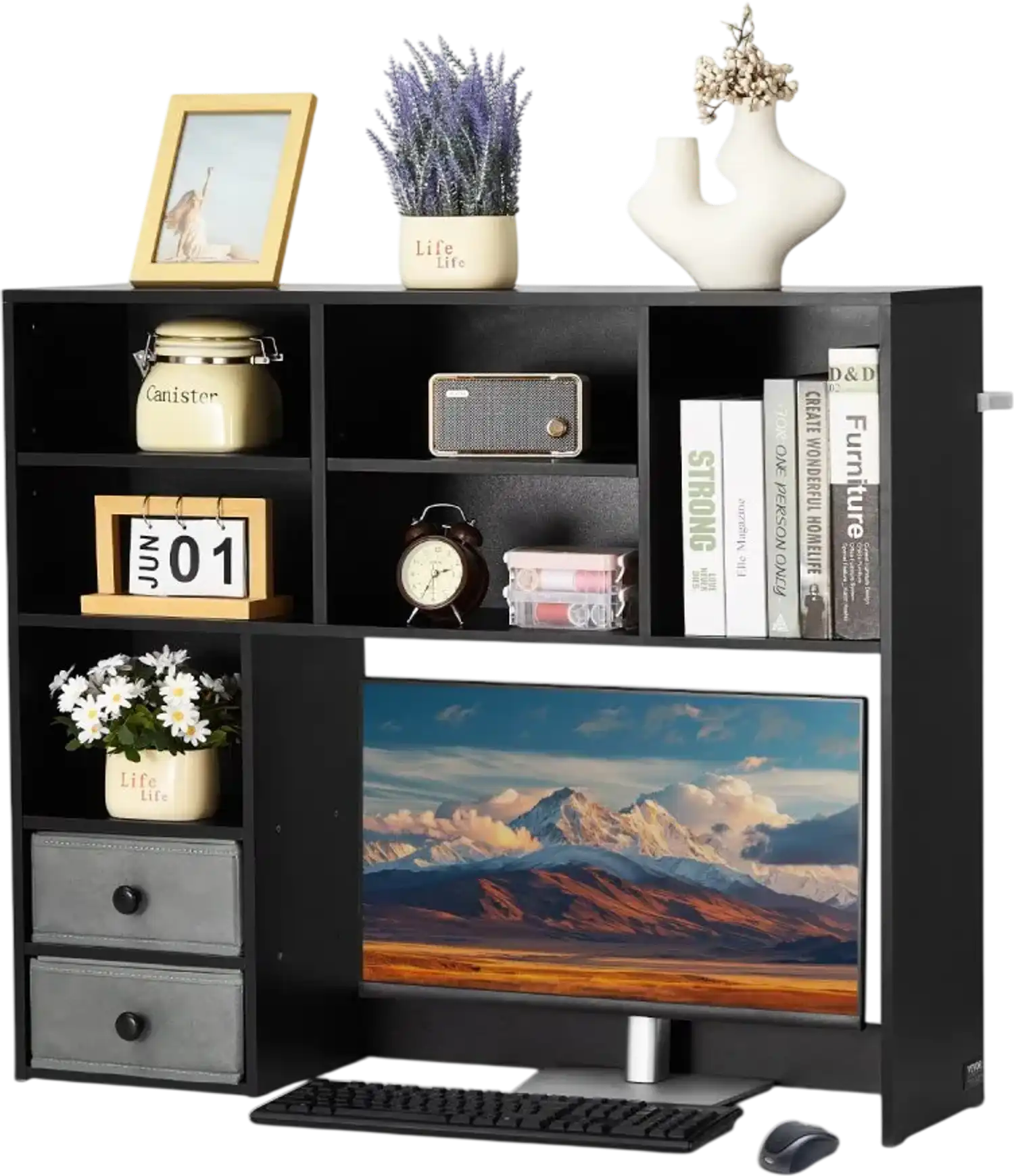 Vevor Desktop Bookshelf 3-Tier Hutch with Two Fabric Drawers Black 37