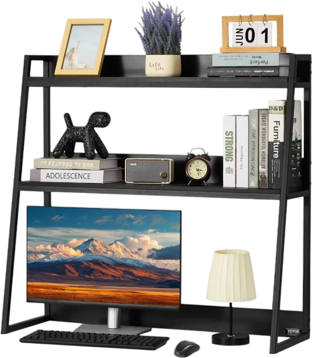 VEVOR Desktop Bookshelf, 2-Tier Desktop Storage Organizer, 37.4" x 12.6" x 35.4" Office Desk Storage Rack Display Shelf, Desktop Bookshelf Hutch with Anti-Slip Feet Pads, for Office, Home & Dorm, Black