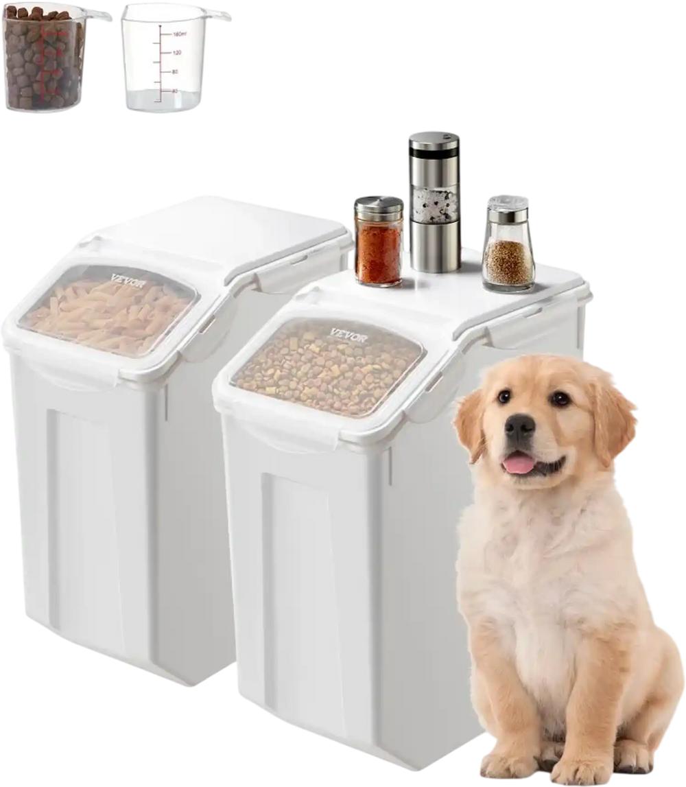 VEVOR Rice Storage Container, 4.5Gallon/20L x2 Capacity Large Dog Food Dispenser Bin, Kitchen Ingredient Grain Cereal Flour Bin, Pet food Containers with Wheels, 2 Measuring Cups, Airtight Lid, 2 Pack