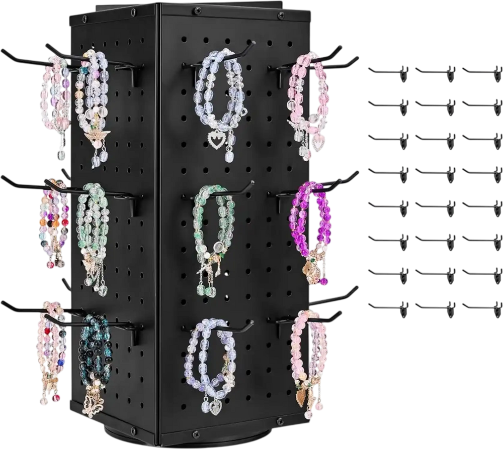 VEVOR Rotating Pegboard Display Stand, 7.4 x 7.4 x 17 in 4-Sided Spinning Peg Board Display with 24 Hooks, Thickened Cold-Rolled Steel Craft Rack Organizer for Grocery Retail Store Jewelry Shop, Black