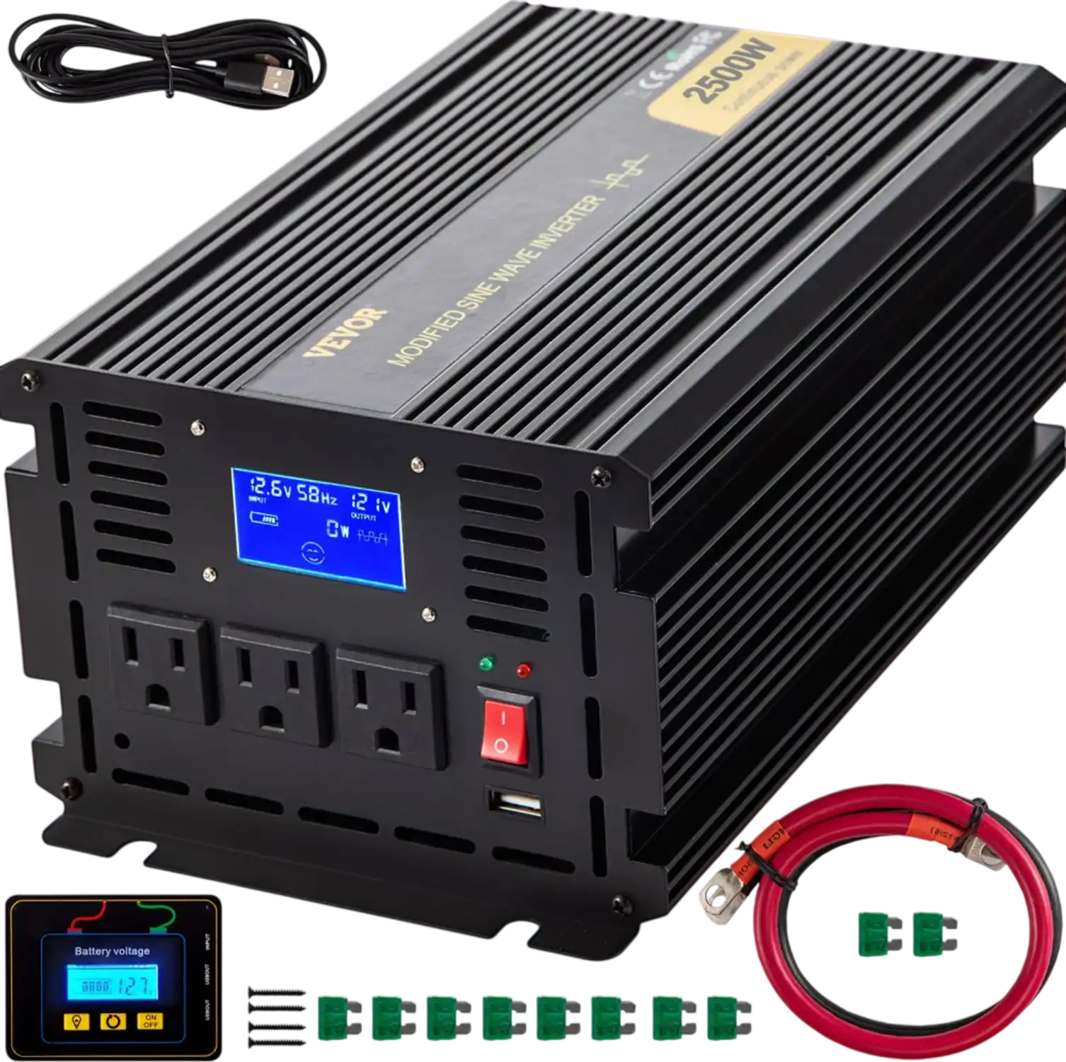 Vevor Power Inverter 2500W Modified Sine Wave DC 12V to AC 120V with LCD Display Remote Controller New