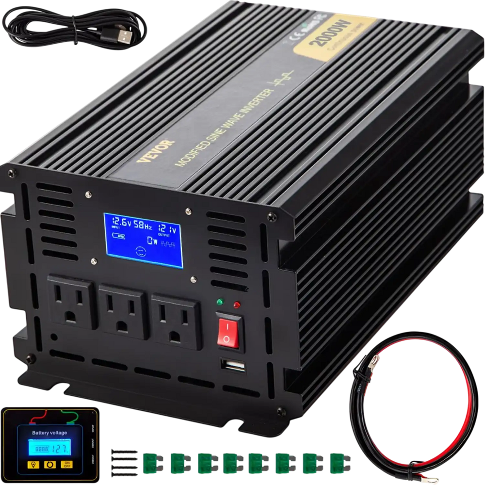 VEVOR Power Inverter, 2000W Modified Sine Wave Inverter, DC 12V to AC 120V Car Converter, with LCD Display, Remote Controller, LED Indicator, AC Outlets Inverter for Truck RV Car Boat Travel Camping