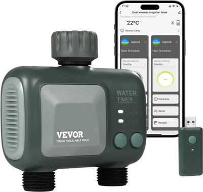 VEVOR WiFi Sprinkler Timer, 2 Outlets, Smart Hose Faucet Water Timer with Brass Inlet, APP Control via 2.4Ghz WiFi or Bluetooth, Voice Control with Alexa and Google Assistant, IPX6 for Yard Watering