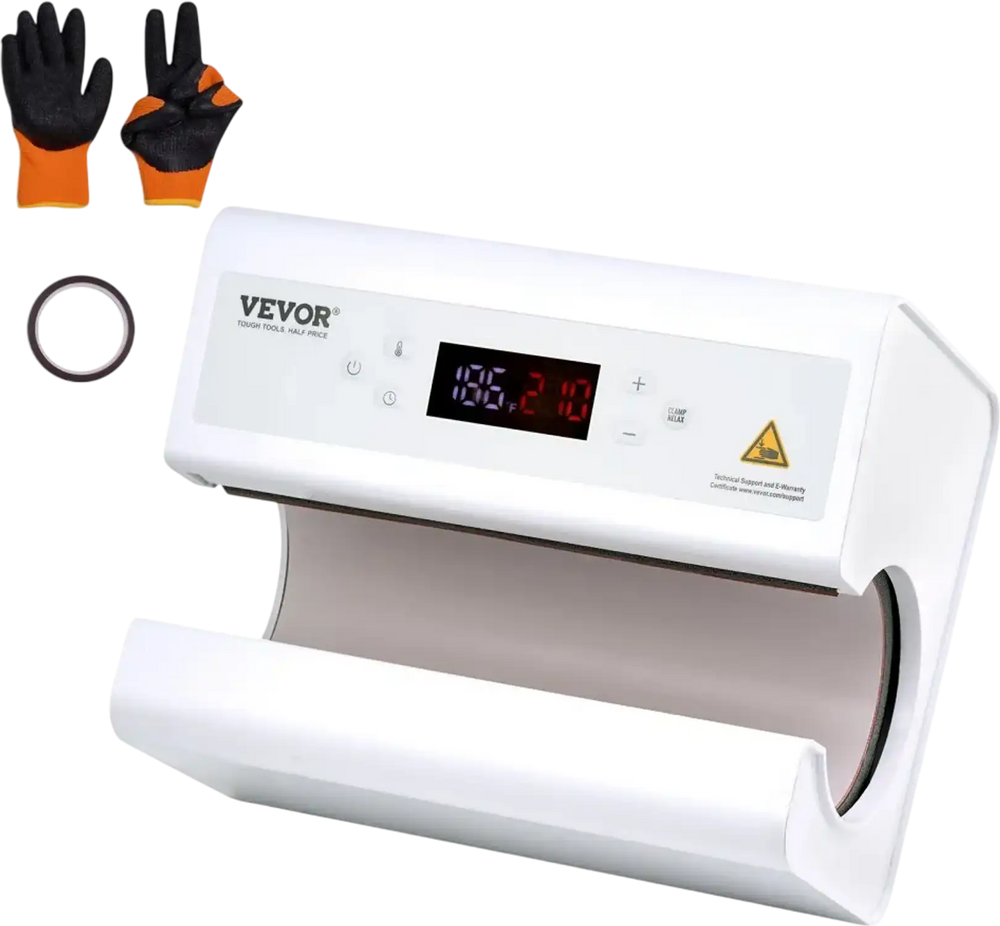 VEVOR Auto Tumbler Heat Press Machine, Mug Heat Press for 11-30oz Sublimation Tumblers, Heat Up Fast and Even, Tumbler Press with Tape and Glove, Temp and Time Setting, for Tumblers, Cups, Mugs, White