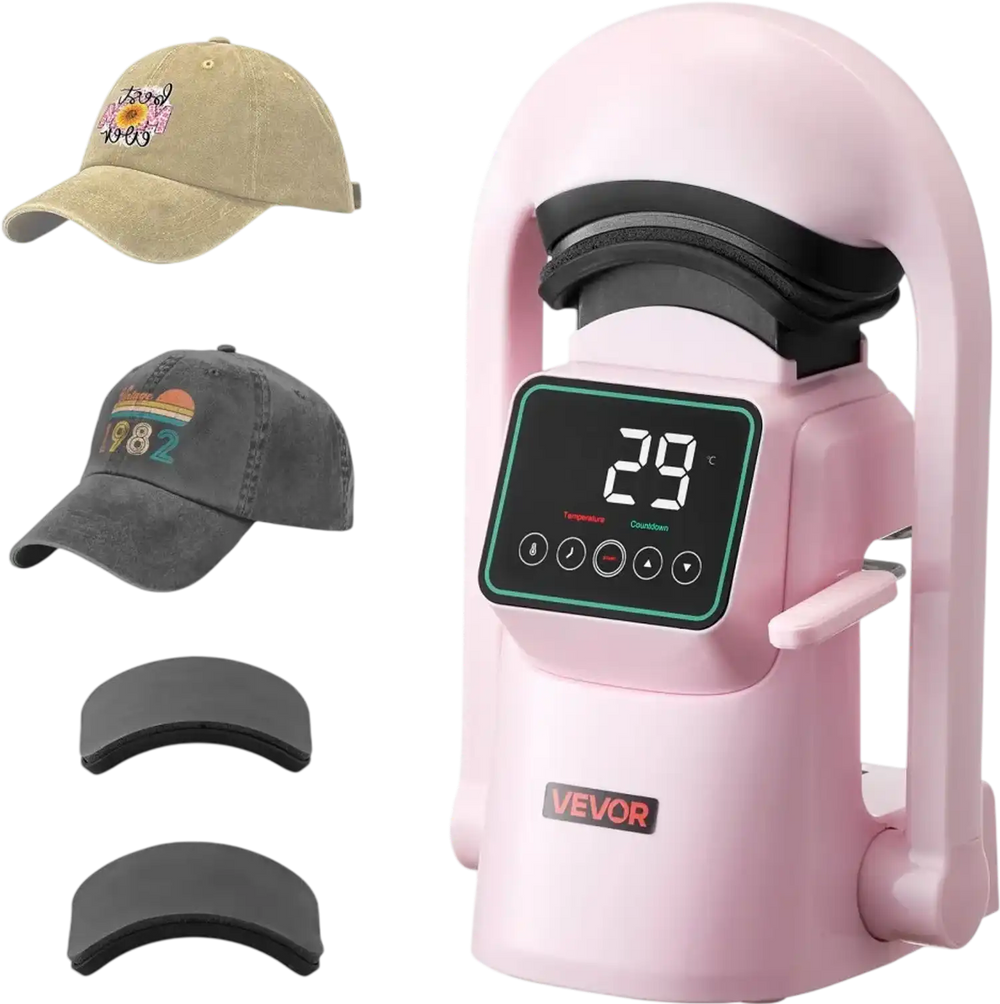 VEVOR Auto Hat Heat Press Machine, with 2pcs Interchangeable Platens, Automatic Open and Release, Touchscreen for Precise Time and Temperature Control, Heat Transfer Printing for Caps, Hats, Pink