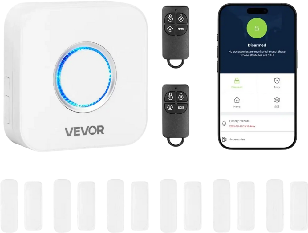 VEVOR Door Chime, DC 12V, Wireless Door Open Contact Sensor Alarm Chime with 656 ft Range, Remote Control with App, Doors Ringer Alert for Business, Store, Home, Office (6 Sensors + 1 Receiver)