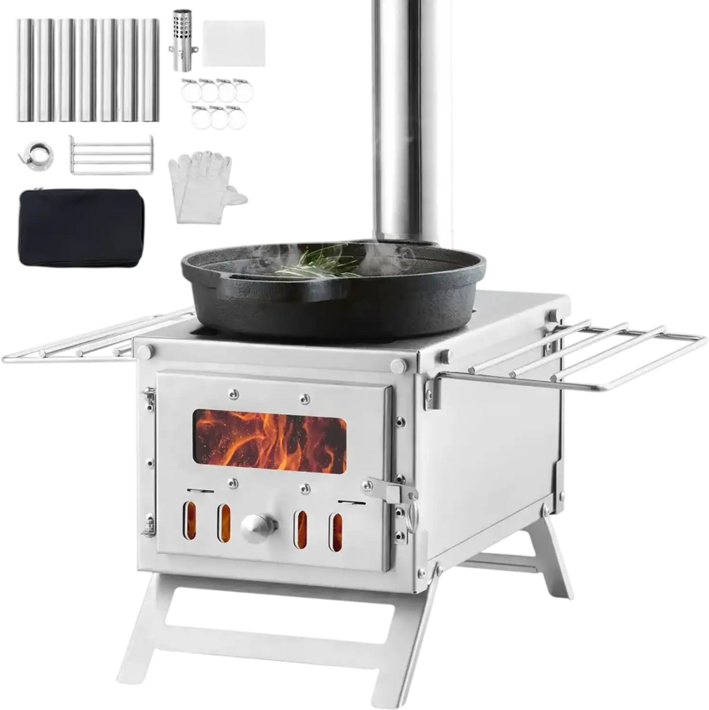 VEVOR Wood Stove, 80 inch, Stainless Steel Camping Tent Stove, Portable Wood Burning Stove with Chimney Pipes & Gloves, 700in³Firebox Hot Tent Stove for Outdoor Cooking and Heating with 8 Pipes