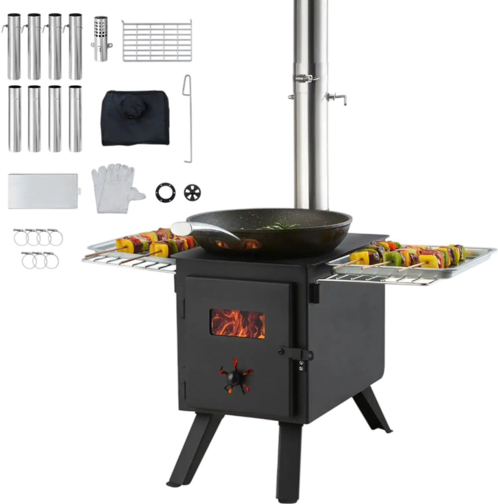 VEVOR Wood Stove, 86 inch, Alloy Steel Camping Tent Stove, Portable Wood Burning Stove with Chimney Pipes & Gloves, 1400in³Firebox Hot Tent Stove for Outdoor Cooking and Heating with 8 Pipes