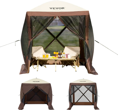 VEVOR Pop Up Gazebo Tent, Pop-Up Screen Tent 4 Sided Canopy Sun Shelter with 4 Removable Privacy Wind Cloths & Mesh Windows, 6x6FT Quick Set Screen Tent with Mosquito Netting, Brown