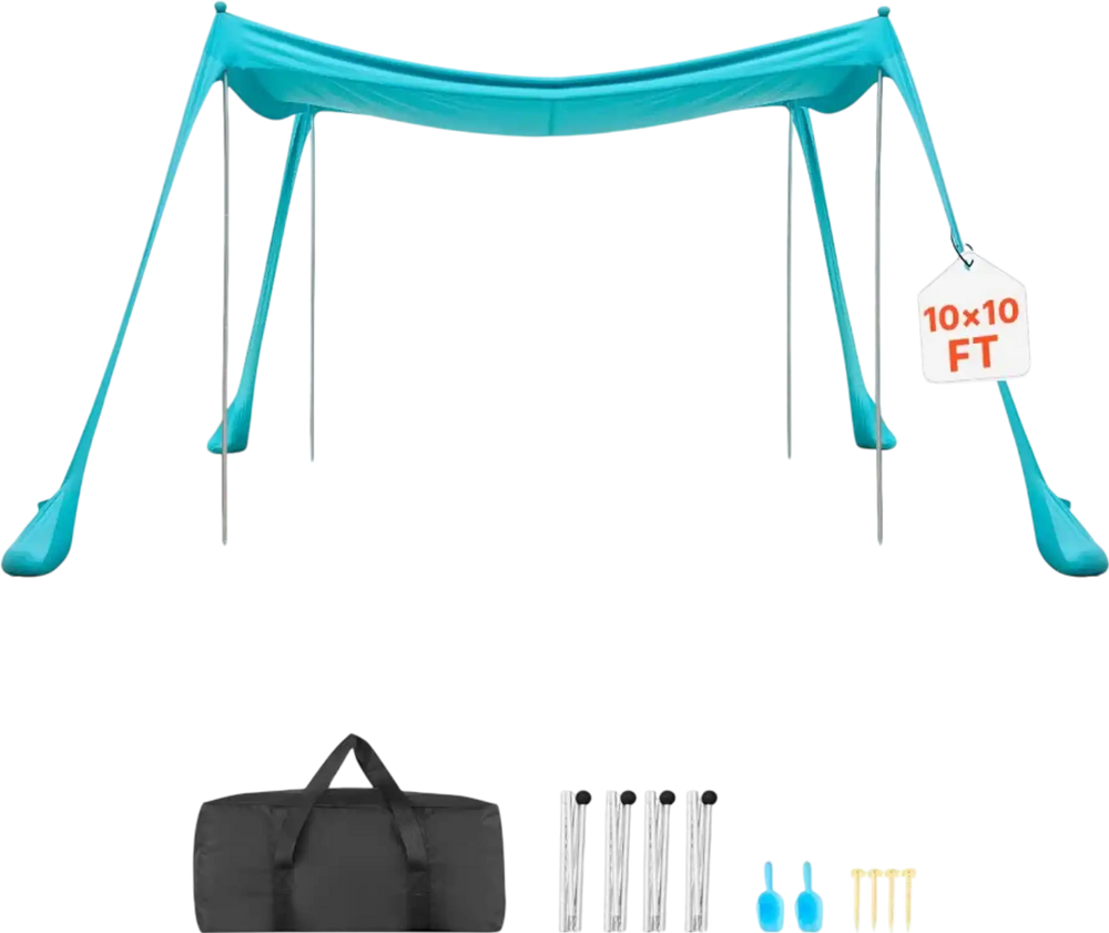 VEVOR Beach Tent Sun Shelter, UPF50+ Sun Protection, 6.6 ft Tall, 10 x 10 ft, Easy Pop Up Beach Canopy with Sandbags, Stability Poles, Sand Shovels, Portable Shade for Family Outings, Camping, Fishing