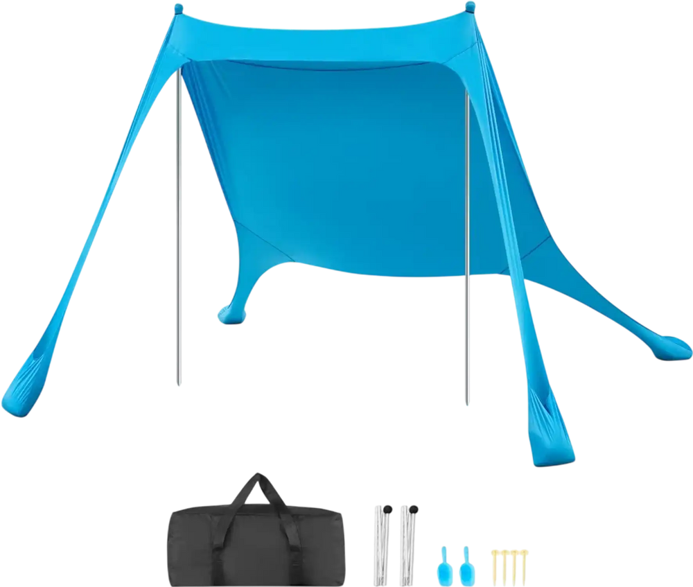 VEVOR Beach Tent Sun Shelter, UPF50+ Sun Protection, 6.6 ft Tall, 7.5x7.5 ft, Easy Pop Up Beach Canopy with Sandbags, Stability Poles, Sand Shovels, Portable Shade for Family Outings, Camping, Fishing
